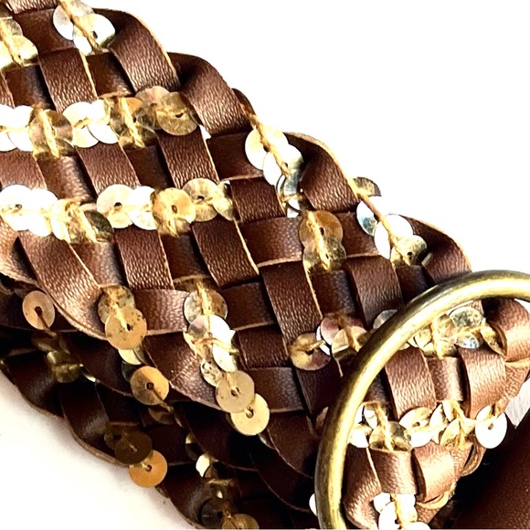 Vintage Y2K Brown Braided Gold Sequins Wide D Ring Belt - Picture 6 of 7